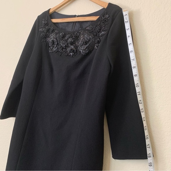 Carmen Marc Valvo Black Beaded 3/4 Sleeve Wool Cocktail Sheath Dress Size 10 - Picture 4 of 11
